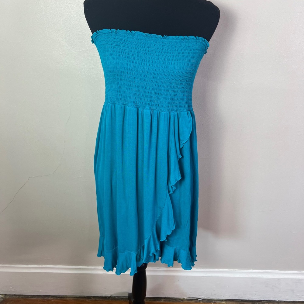Dotti Smocked Strapless Tube Dress XL Teal Blue Ruffle Hem Summer Beach Coverup